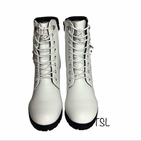 White Lace Up Chunky Heel Plad Inset Combat Boot - Picture 3 of 9